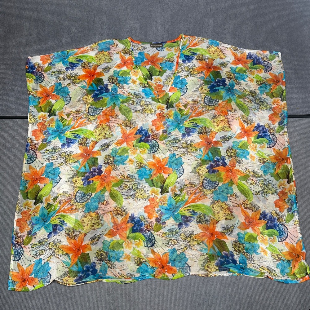 Tommy Bahama Tropical Floral Map Print Sheer Kaftan Swim Cover Up OSFM Y2k